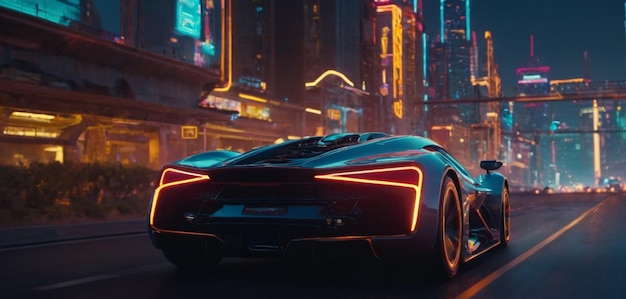 Futuristic Sports Car On Neon Highway supercar with colorful lights city