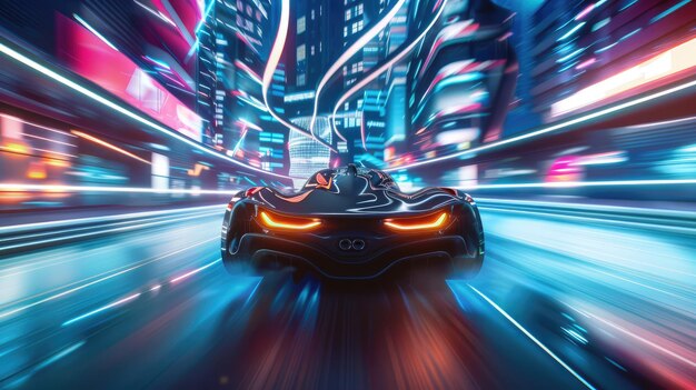 Futuristic Sports Car Speeding Through Cyberpunk City