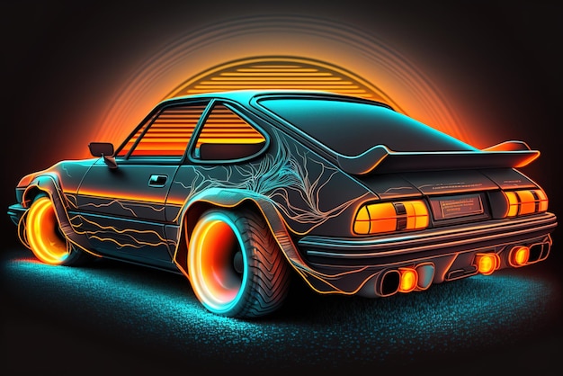 Futuristic sports car with neon glowing shiny luxury cyberpunk auto generative AI