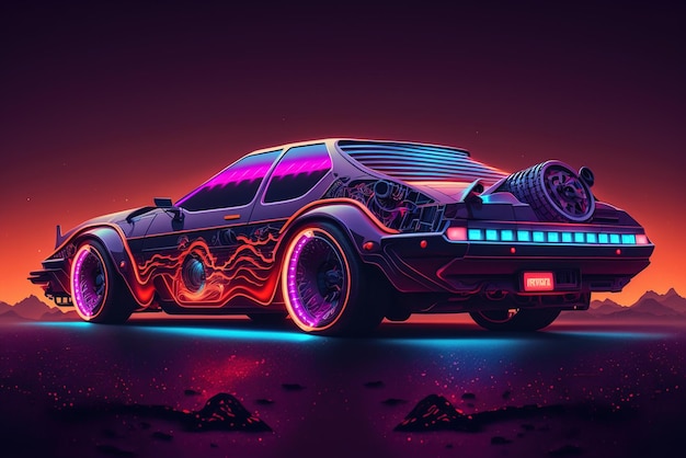 Futuristic sports car with neon glowing shiny luxury cyberpunk auto generative AI