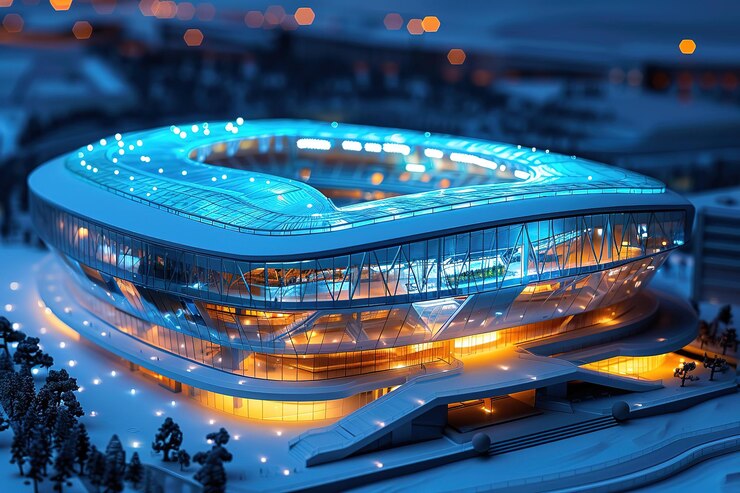 Photo a futuristic stadium bathed in blue and orange lights