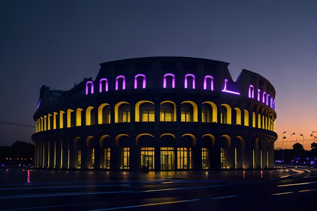 Футуристический стадион с современным дизайном с неоновыми огнями ночью Генеративный ИИ