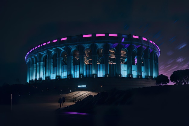 Foto stadio futuristico con design moderno con luci al neon di notte ai generativa