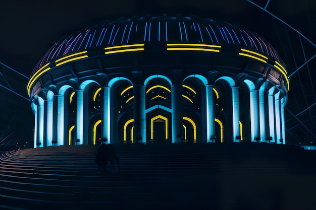 Futuristic stadium with modern design with neon lights at night Generative AI