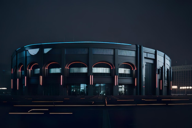 現代的なデザインのフューチュリスティックなスタジアムで夜にはネオンライトがついています