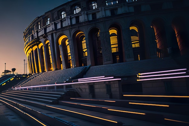 Futuristic stadium with modern design with neon lights at night Generative AI