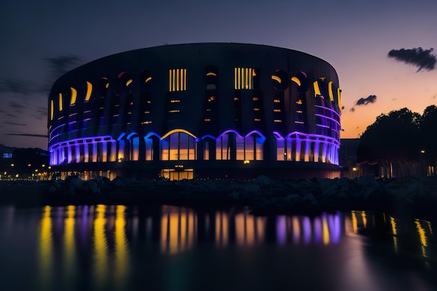 Futuristic stadium with modern design with neon lights at night Generative AI