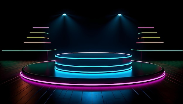 Futuristic Stage colorful neon lights stages room background and backdrop empty podium for Product Display or Presentations abstract modern Perfect for Showcases and Modern Projects 3D Rendering