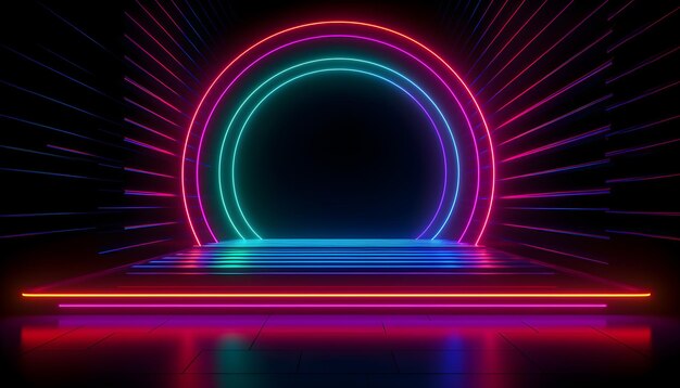 Futuristic Stage colorful neon lights stages room background and backdrop empty podium for Product Display or Presentations abstract modern Perfect for Showcases and Modern Projects 3D Rendering