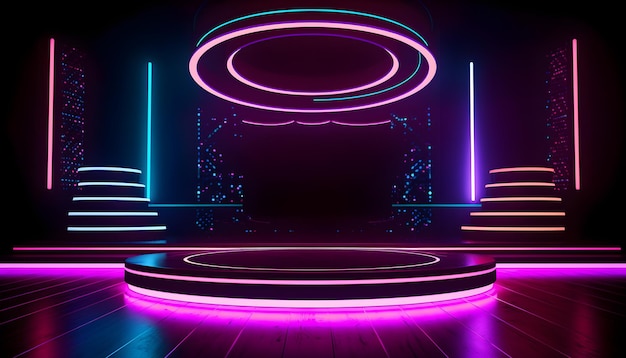 Futuristic Stage colorful neon lights stages room background and backdrop empty podium for Product Display or Presentations abstract modern Perfect for Showcases and Modern Projects 3D Rendering