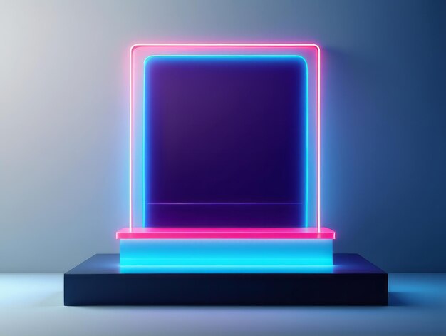 Futuristic stage podium for product showcase with blue and pink neon light on a dark background