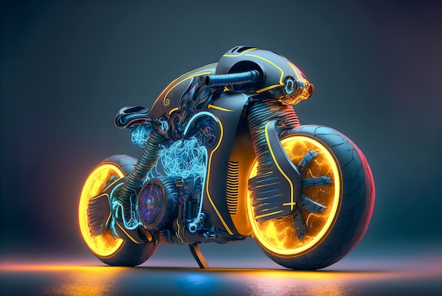 Photo futuristic steampunk motorcycleblue yellow neon glow