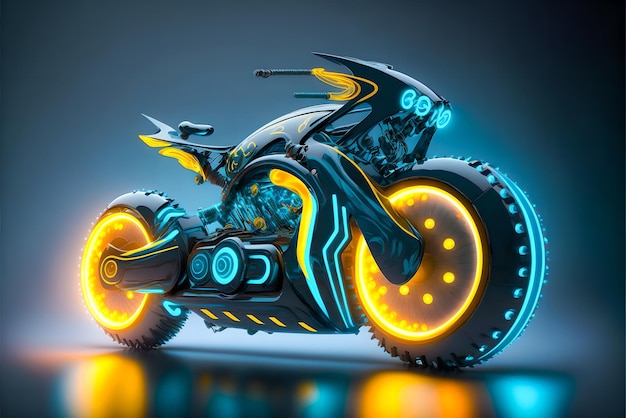未来的なスチーム パンクなオートバイ青黄色のネオンの輝き
