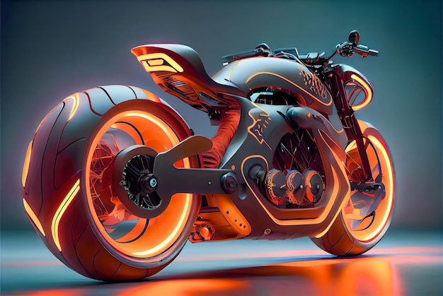 Футуристический мотоцикл в стиле стимпанкОранжевое неоновое свечение