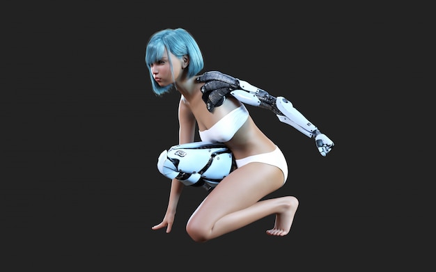 Photo futuristic steel robotic girl posing on dark background