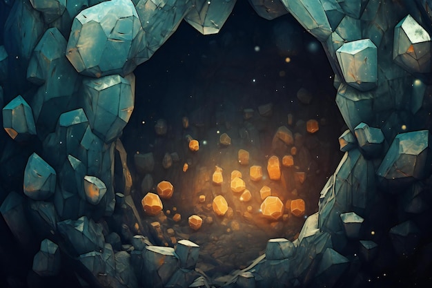 Futuristic stone cave interior with glowing lights