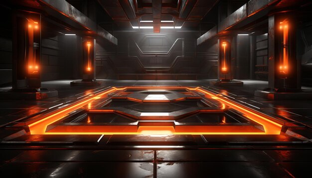 futuristic studio stage set in a dark Showcase neon LED lasers casting an orange glow on the reflective cyber theme