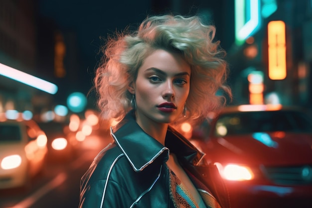 Futuristic and stylish 1980s fashion female model poses in the night city lights Generative AI