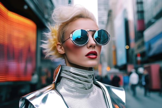 Futuristic and stylish 1980s fashion female model poses on the streets of the city during the daytime Generative AI