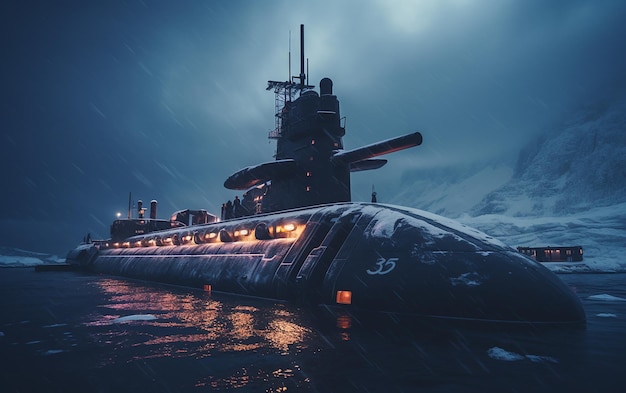 Foto sottomarino futuristico al largo della costa artica in mezzo alla neve