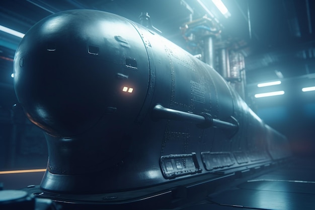 Futuristic Submarine in Underwater Hangar with Blue Light Effects