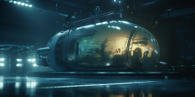 Futuristic submarine in underwater hangar with blue light effects