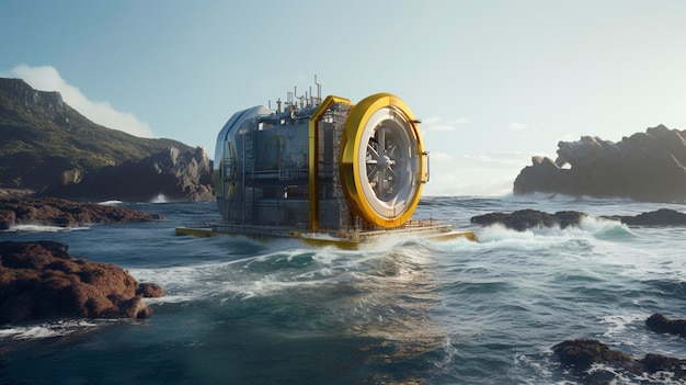 Futuristic submarine with large circular hatch on rocky coastline under clear skies