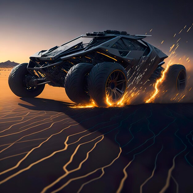 A futuristic supercar running in the desert with sunset background