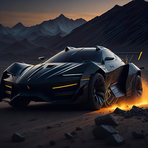 A futuristic supercar running in the desert with sunset background