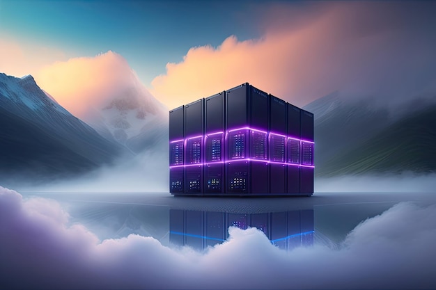 A futuristic supercomputer mainframe with purple lights on the front