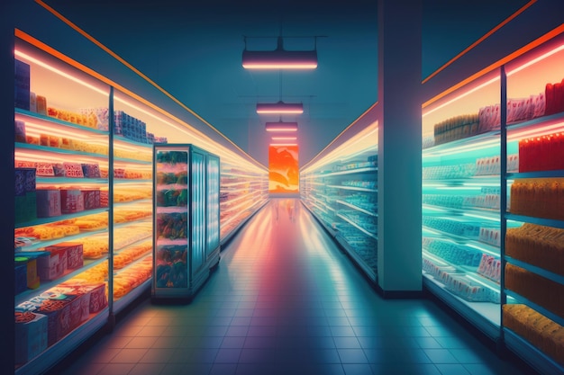 人間の存在がまったくない未来的なスーパーマーケット ジェネレーティブ AI