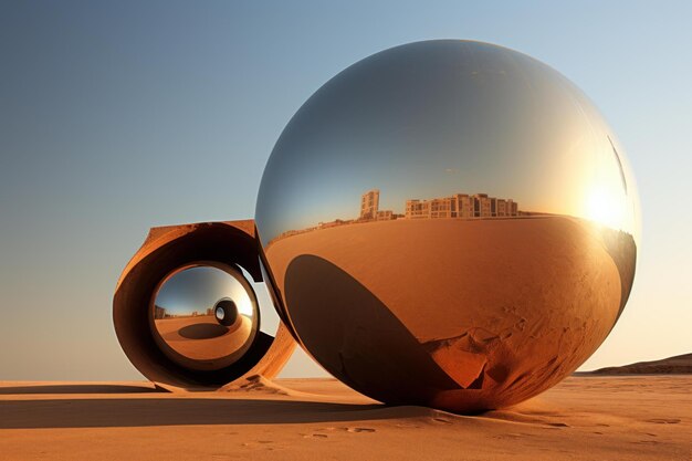 Photo futuristic surreal spheres in yard of futuristic building generate ai