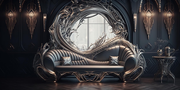 A futuristic swanky filigree modern cyberpunk furniture Crystalpunk appliances and incredible detail created by generative AI