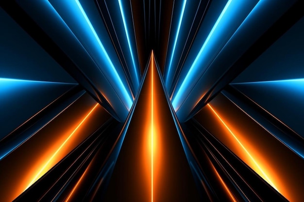 Futuristic symmetry and reflection abstract background with orange and blue neon lights