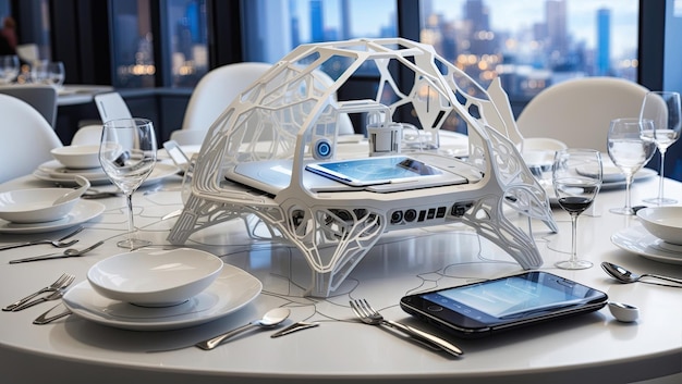 Futuristic Table Setting with Cell Phone Bags and AwardWinning Wireframe by Andrew Law