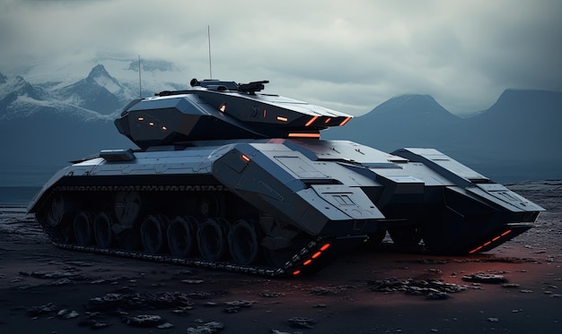 A futuristic tank is shown in the middle of a desert