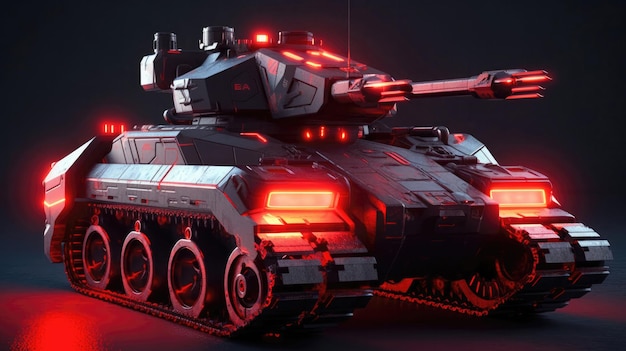 A futuristic tank with a sharp angular design and red glowing ac