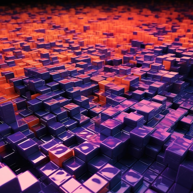 보라색과 주황색으로 깔끔하게 정렬된 광택 큐브가 있는 미래 기술 배경