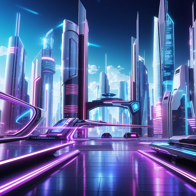 Futuristic technology background exploring a world of neon lights holographic displays and flying cars