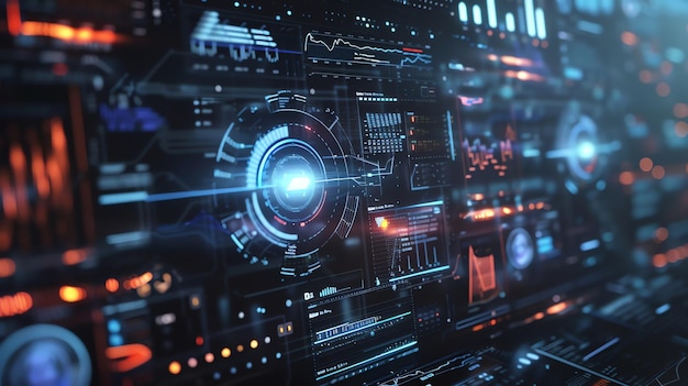 Futuristic Technology Background HighTech HUD Display with Charts Graphs and Data Analysis