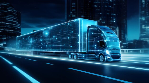 フューチュリスティック・テクノロジー・コンセプト 自動半トラックと貨物トレーラーが夜間に道路を走る