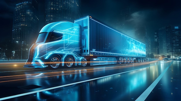 Futuristic Technology Concept Autonomous Semi Truck with Cargo Trailer Drives at Night on the Road