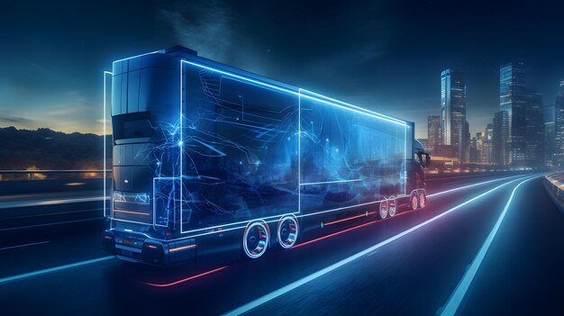 Futuristic Technology Concept Autonomous Semi Truck with Cargo Trailer Drives at Night on the Road