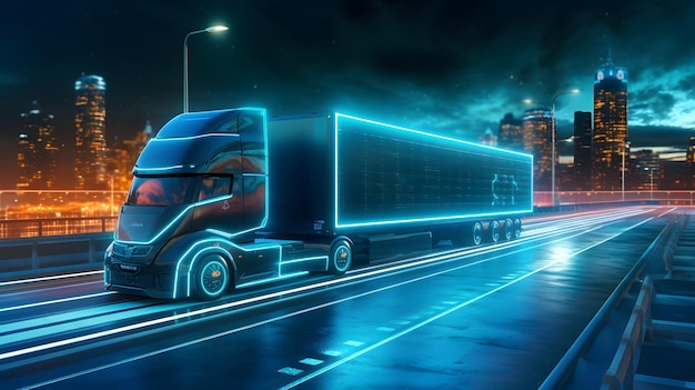 Futuristic Technology Concept Autonomous Semi Truck with Cargo Trailer Drives at Night on the Road