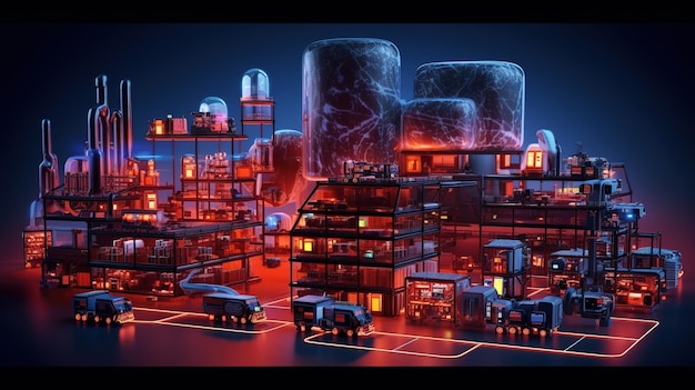 futuristic Technology Concept Heavy Industry Manufacture Factory Visualized with Graphics 5G Tech