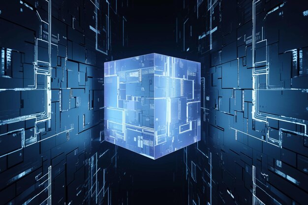 Футуристический технологический куб продемонстрирован на фоне киберпространства в 3D