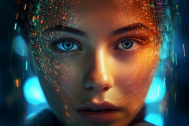 Photo futuristic technology illuminates young adult glowing portrait in close up generated