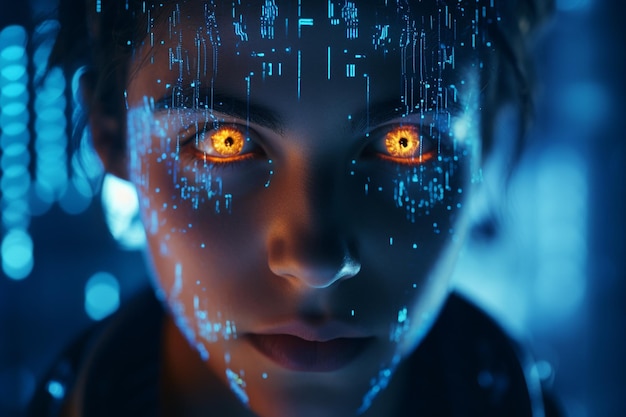 Futuristic technology illuminates young adult glowing portrait in close up generated