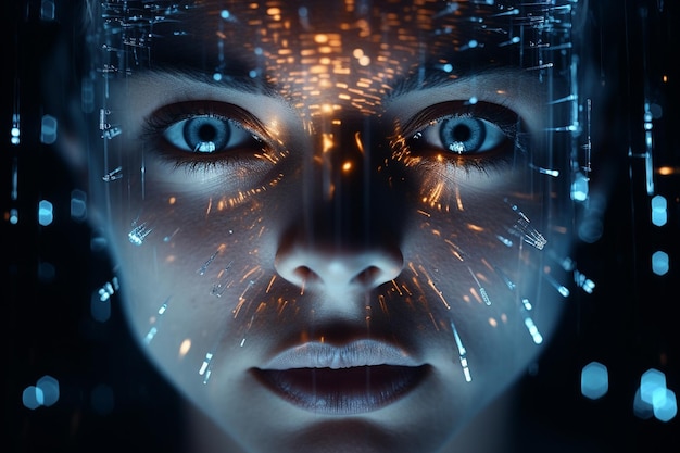 Photo futuristic technology illuminates young adult glowing portrait in close up generated