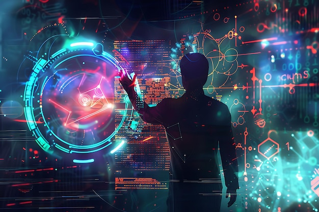 futuristic technology interface with silhouette of person interacting with digital data